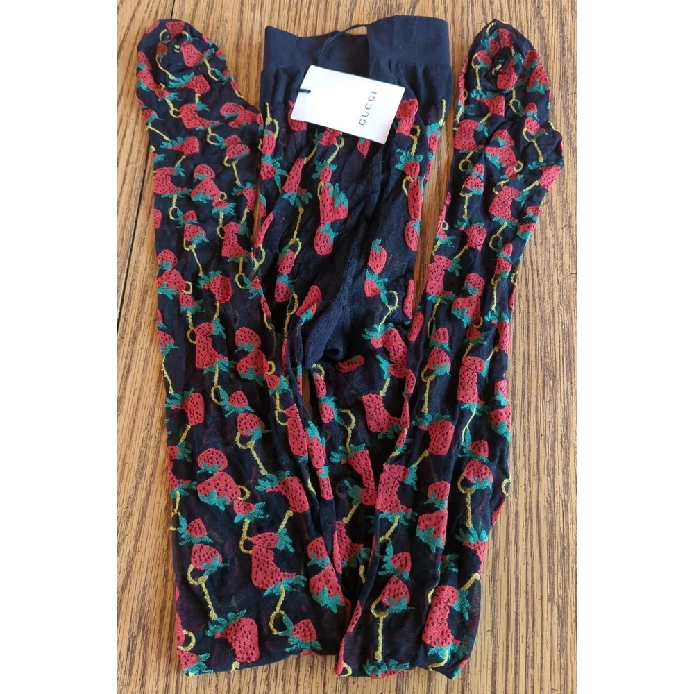 Authentic GUCCI Black Strawberry HORSEBIT FRAISE Tights Stockings S Please Read!
